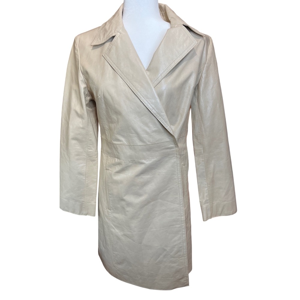 Express World Brand Cream Leather Trench Coat Jacket Beige Wrap Size 3/4  34" B